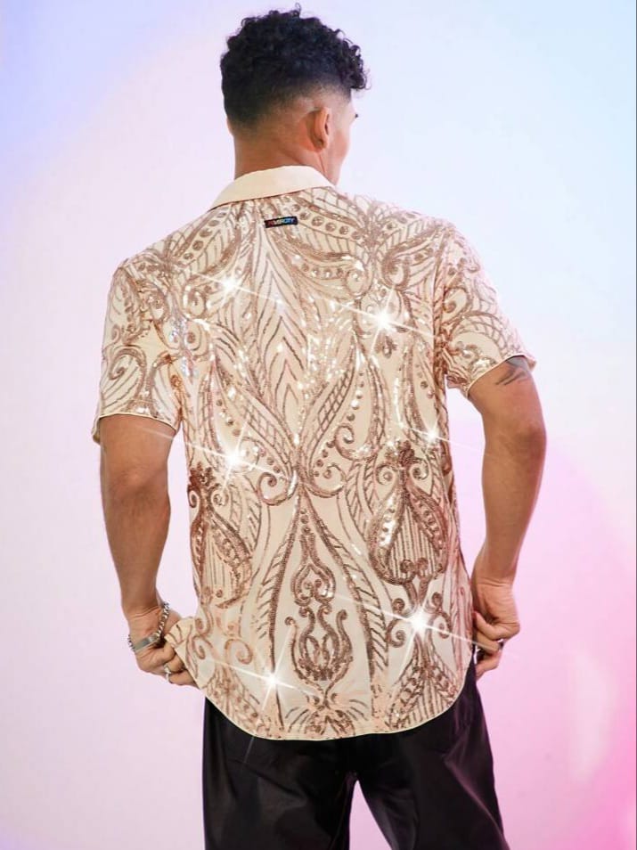 Uptown Funky Men's Elastic Mesh Sequins Embroidery Loose Short Sleeve Shirt